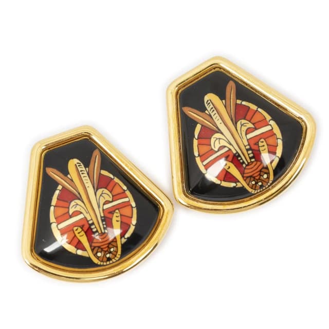 Hermès Inlaid Clip on Earrings Black Red Skull and Sunburst Motif in Black from The Reluxe, photo 1 of 1