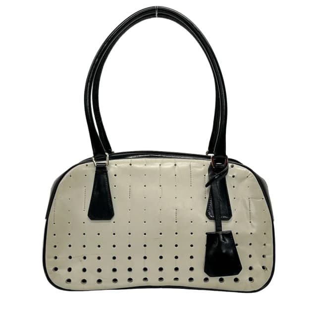 Prada Boston Bag White Black Perforated No Lock Leather in Black Leather from The Reluxe, photo 1 of 1