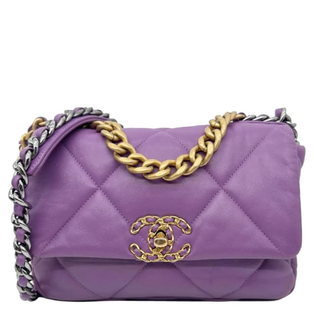 CHANEL 19 Flap Medium Quilted Lambskin Leather Shoulder Bag Purple in Purple Lambskin from Dallas Designer Handbags, photo 1 of 1