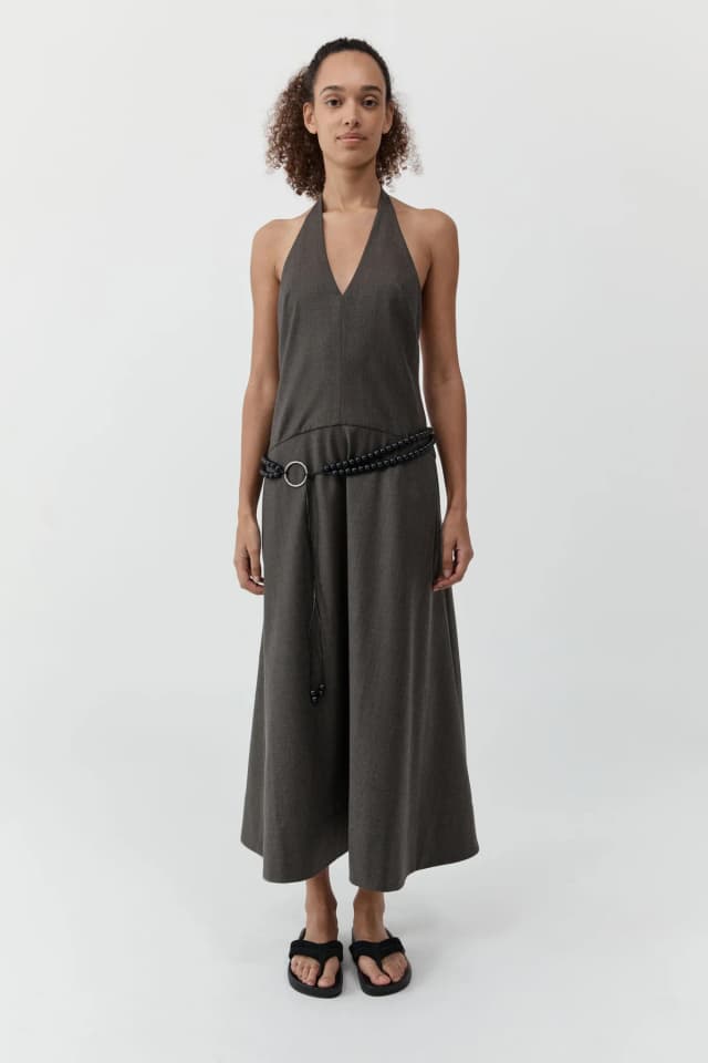 St Agni Wool Halter Plunge Dress - Mulch, image 1 of 1 from St. Agni