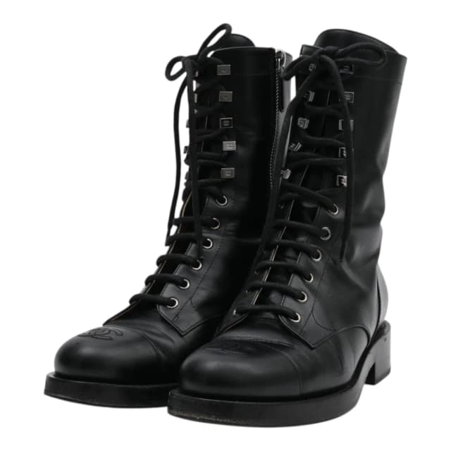 Chanel CC Stitch Lace-Up Boots #38 Black from VINTAGE QOO TOKYO, photo 1 of 1