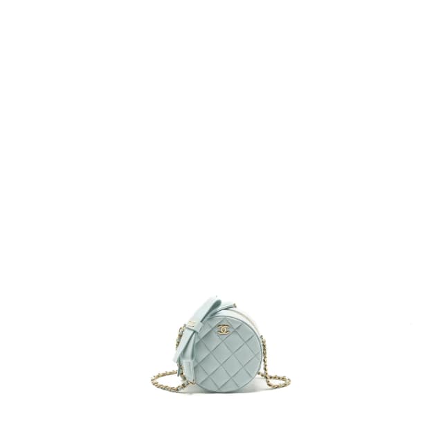 Chanel Mini Round Vanity With ribbon on chain Lambskin Light Blue LGHW in Blue Lambskin from EMIER, photo 1 of 1