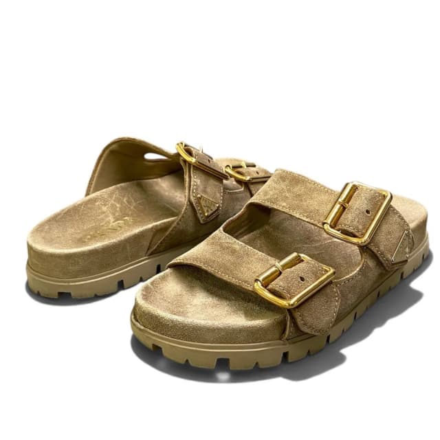 Prada I2 Slide Sandals Beige Gold Suede Leather in Beige Suede from The Reluxe, photo 1 of 1