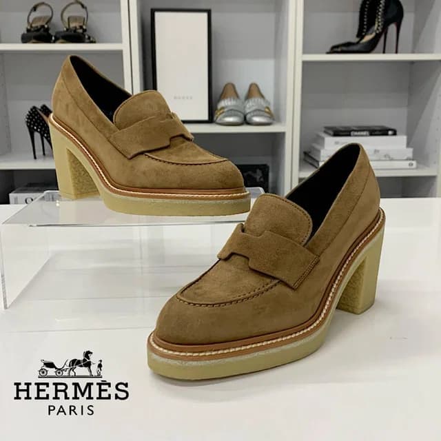 Hermès Didi Suede Heels Loafers Brown in Brown Suede from The Reluxe, photo 1 of 1