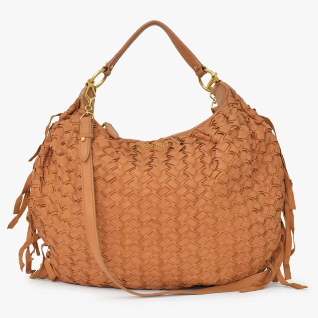 Miu Miu Intrecciato 2-Way Leather Shoulder Fringe Hobo Brown Lambskin Gold in Brown Lambskin from The Reluxe, photo 1 of 1