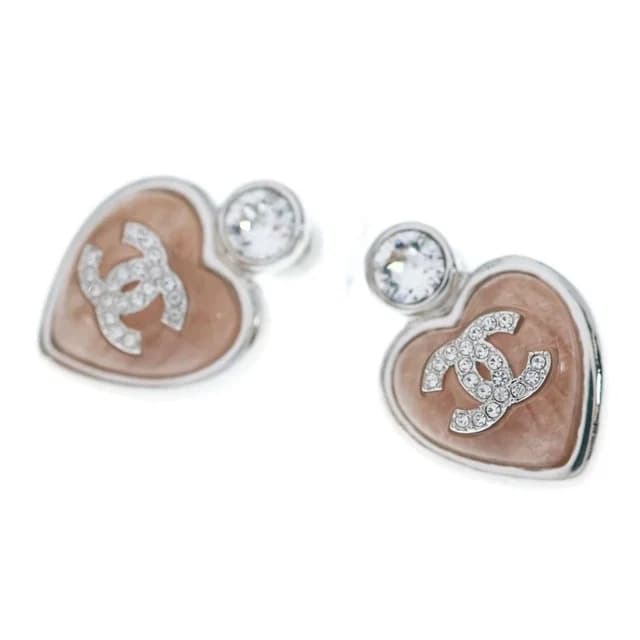 Chanel CC Logo Strass Heart Earrings Rhinestone Metal Beige Silver in Beige from The Reluxe, photo 1 of 1
