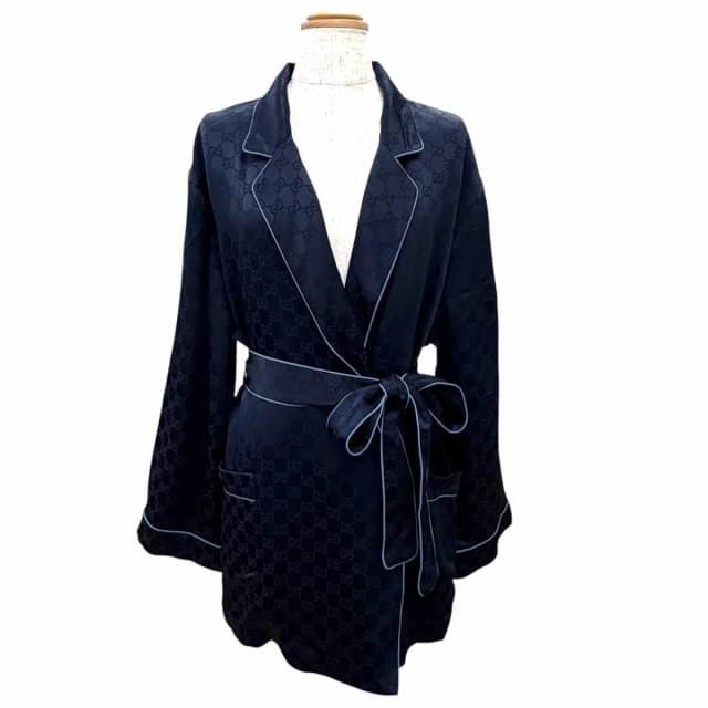Gucci GG Pattern Belted Pajamas Nightwear Long Sleeve Shirt Navy 42 in Navy Silk from The Reluxe, photo 1 of 1