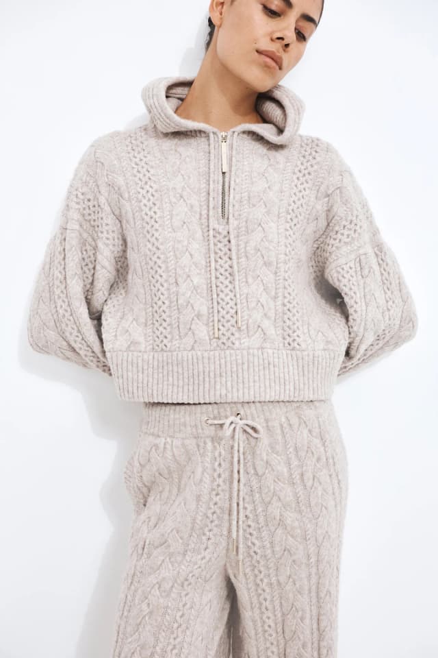 Athletica Cable Knit Hoodie in NOUGAT MARLE, image 1 of 1 from Aje