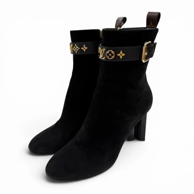 Silhouette Line Suede Leather Monogram Flower Heels LV Logo Short in Suede from The Reluxe, photo 1 of 1