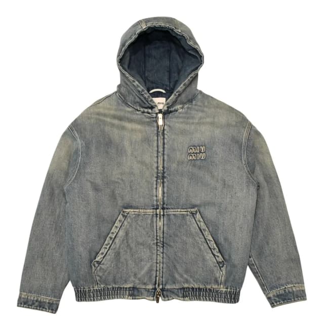 Miu Miu Bomber Hooded Jacket Denim Blue Logo Patch in Blue Denim from The Reluxe, photo 1 of 1