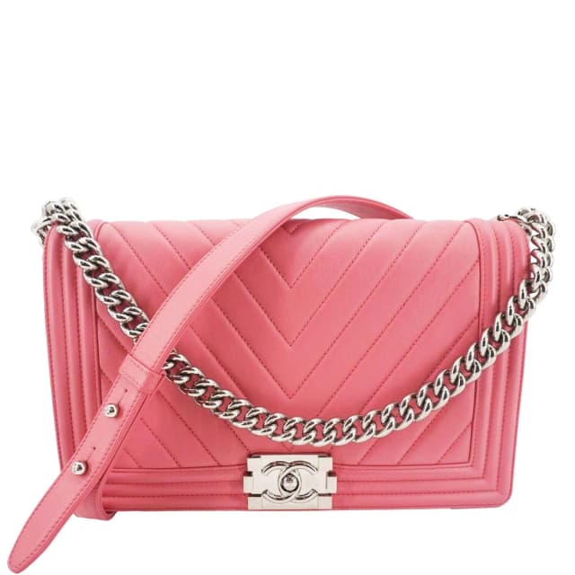 Chanel Boy Flap Old Medium Chevron Leather Crossbody Pink in Pink Leather from Dallas Designer Handbags, photo 1 of 1