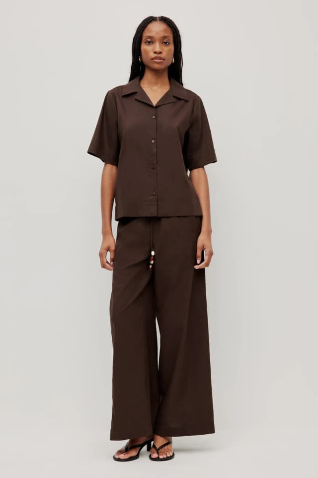Aje Studio Carmine Short Sleeve Shirt in DEEP CHOCOLATE, image 1 of 1 from Aje