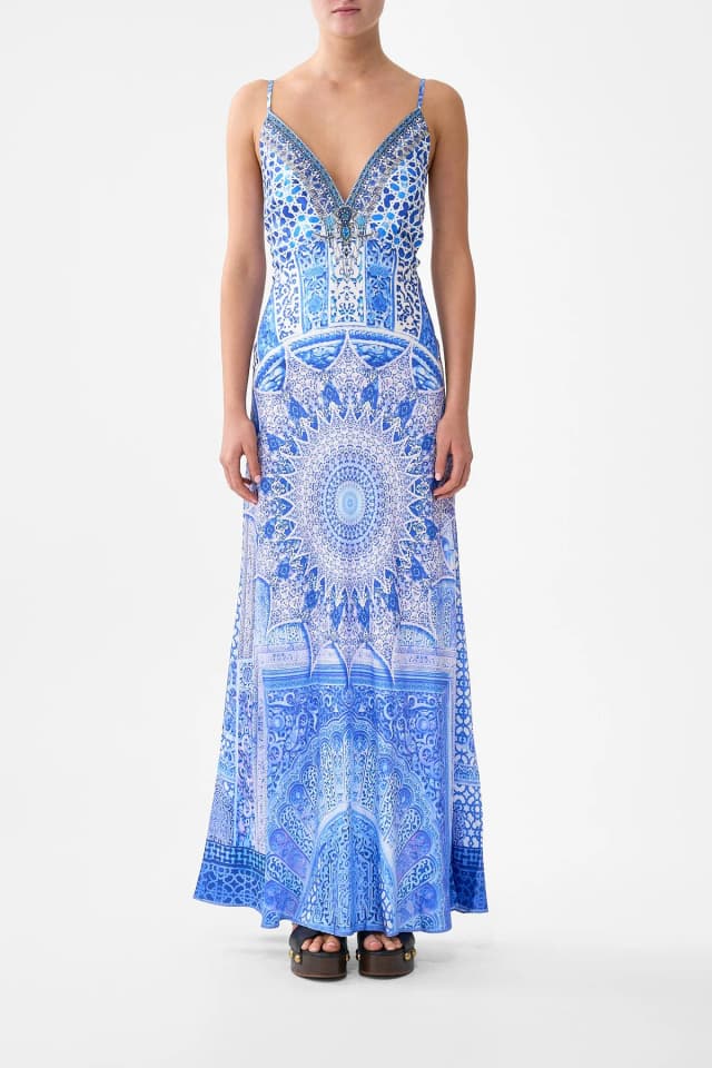 Camilla eBoutique V-NECK LONG BIAS SLIP DRESS WITH TRAIN THE BOSPHOROUS, image 1 of 1 from CAMILLA