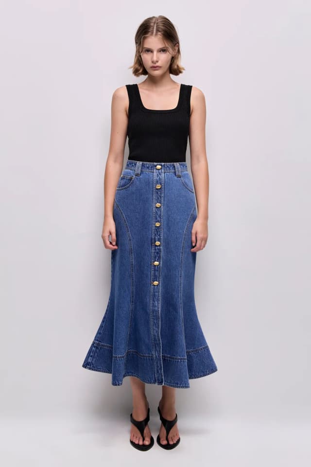 AJE Loxley Denim Midi Skirt in MID WASH BLUE, image 1 of 1 from Aje