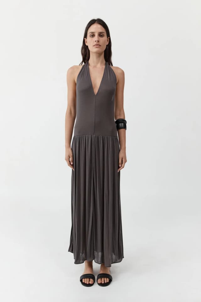 St Agni Fluid Jersey Halter Dress - Soot, image 1 of 1 from St. Agni