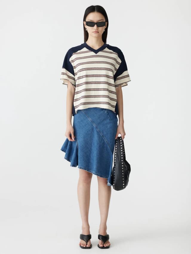 Bassike Stripe Contrast Raw V-Neck Tank, image 1 of 1 from bassike