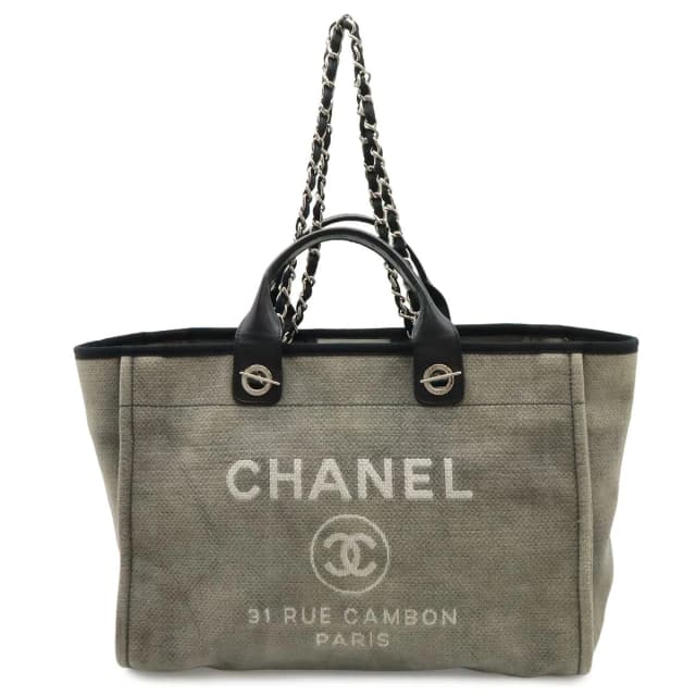 Chanel Deauville Tote GM Logo 2-Way Chain Shoulder Bag Canvas Leather Gray Black in Black Canvas from The Reluxe, photo 1 of 1
