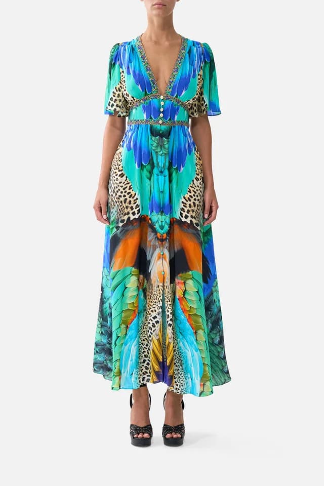 Camilla eBoutique SHAPED WAISTBAND DRESS WITH FLUTTER SLEEVES JUNGLE FLIGHT, image 1 of 1 from CAMILLA