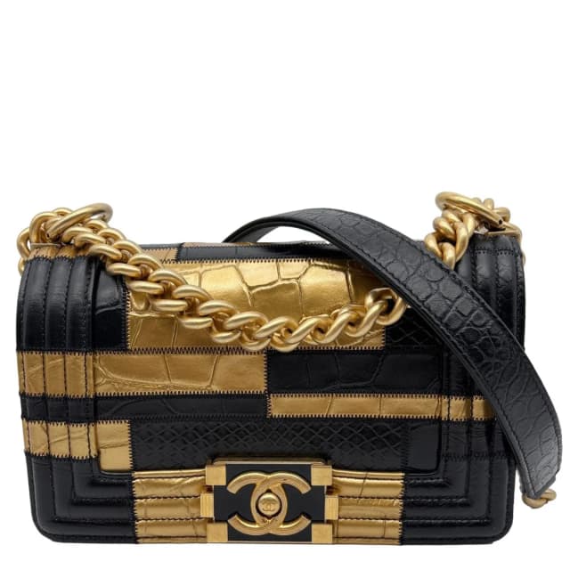 Chanel Boy Flap Small Crocodile Embossed Leather Shoulder Bag Gold in Gold Crocodile from Dallas Designer Handbags, photo 1 of 1