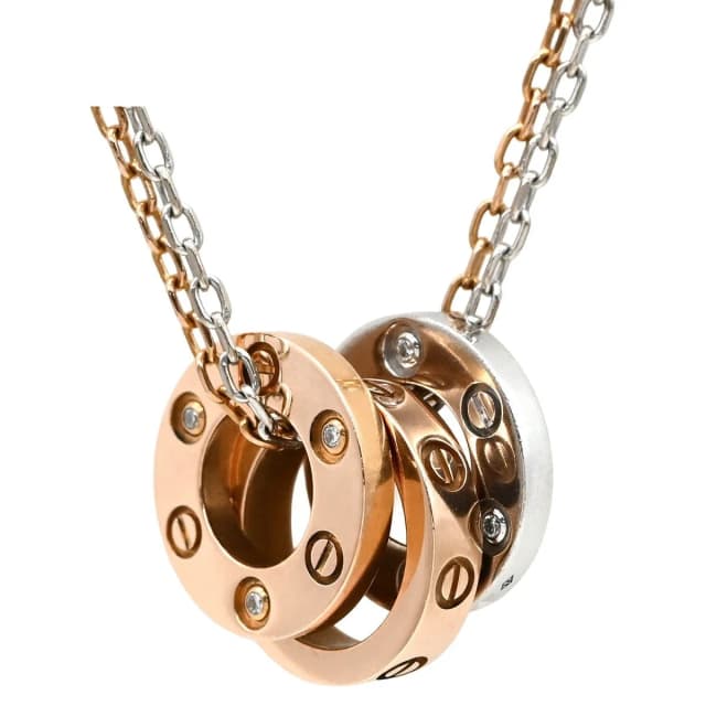 Cartier Necklace Love Three Hoop Pink Gold White PG WG Diamond Double Chain in White from The Reluxe, photo 1 of 1
