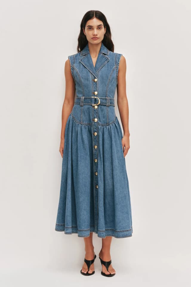 AJE Liliana Belted Denim Midi Dress in 90'S WASH, image 1 of 1 from Aje
