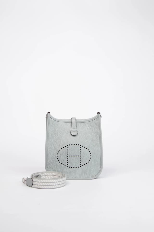 2024 Hermès Blue Glacier Clemence Leather Mini Evelyne with SHW in Blue Clemence leather from Break Archive, photo 1 of 1