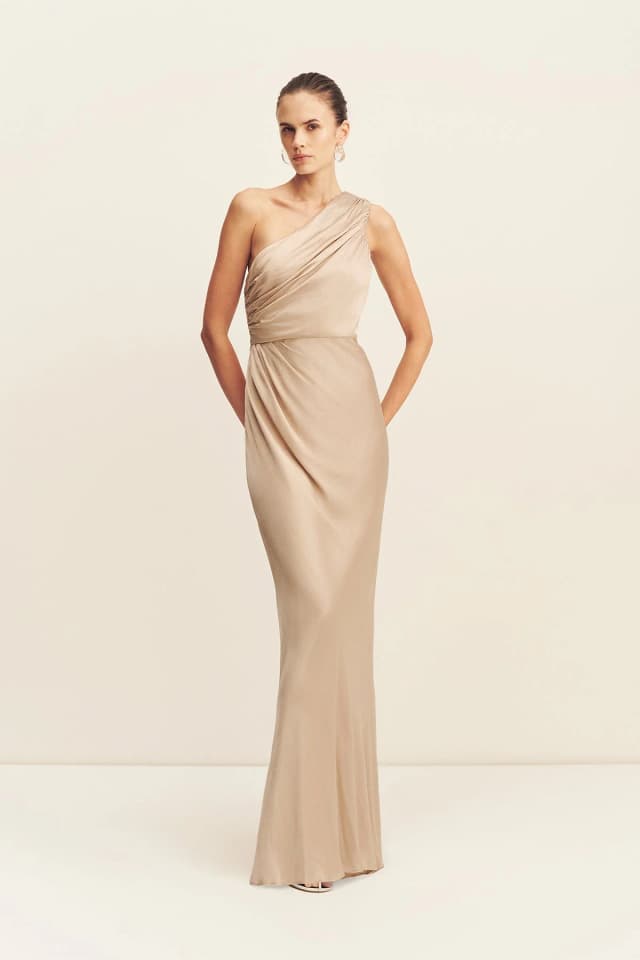 Shona Joy LA LUNE GATHERED ONE SHOULDER MAXI DRESS - GOLD, image 1 of 1 from Shona Joy