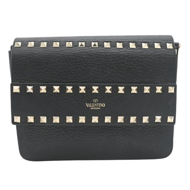 Valentino Garavani Rockstud Black Pebbled Leather Flap Crossbody Bag in Black Leather from Clotheshorse Anonymous, photo 1 of 1