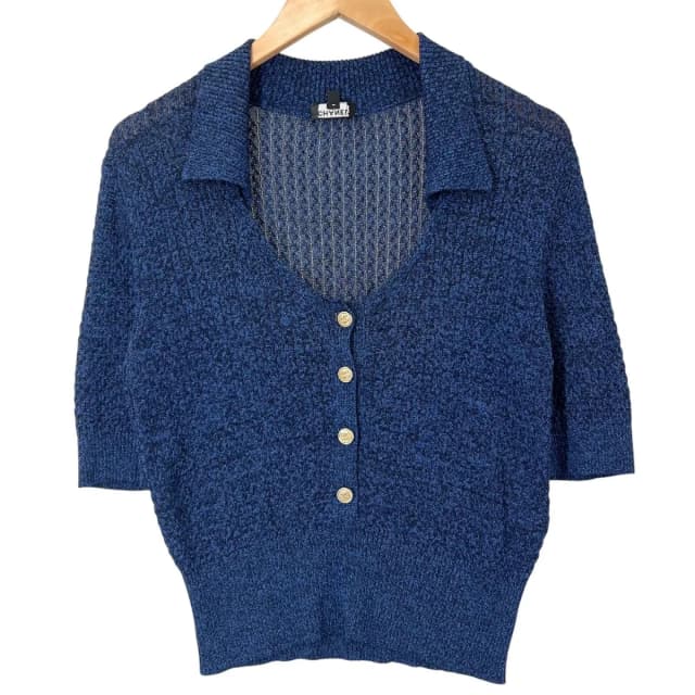 Chanel SS Short Sleeve Knit Silk Blue CC Logo Button Sweater 38 in Blue Silk from The Reluxe, photo 1 of 1
