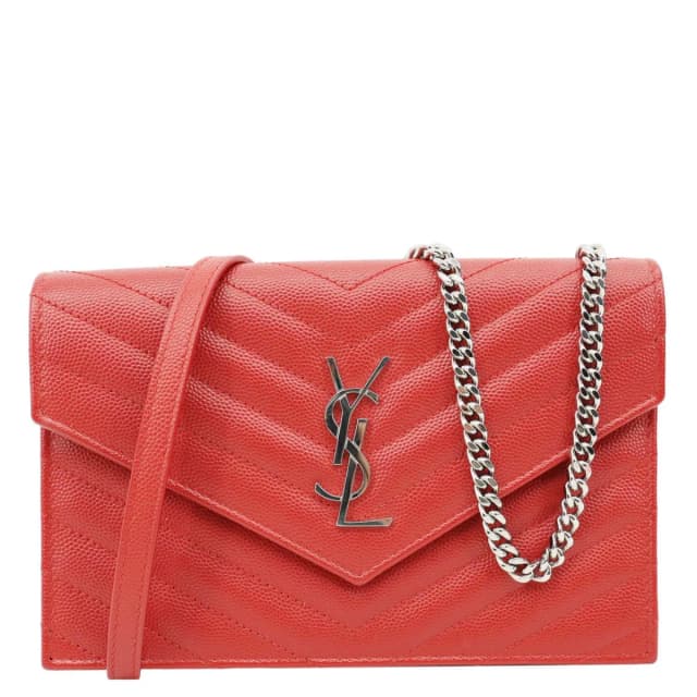 Saint Laurent Cassandra Matelasse Grain De Poudre Chain Wallet Red in Red Leather from Dallas Designer Handbags, photo 1 of 1
