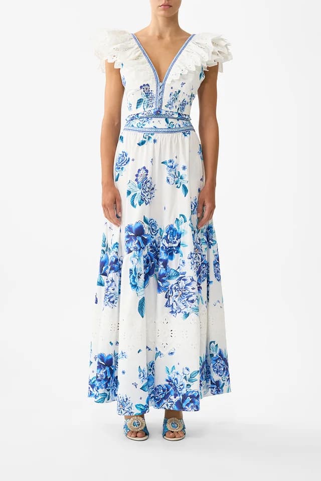 Camilla eBoutique DEEP V FRILL SHORT SLEEVE TOP A CERAMIC GARDEN, image 1 of 1 from CAMILLA