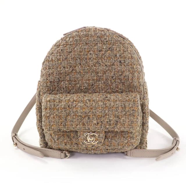 Chanel CC Logo Turnlock Quilted Tweed Chain Shoulder Leather Backpack in Tweed from The Reluxe, photo 1 of 1