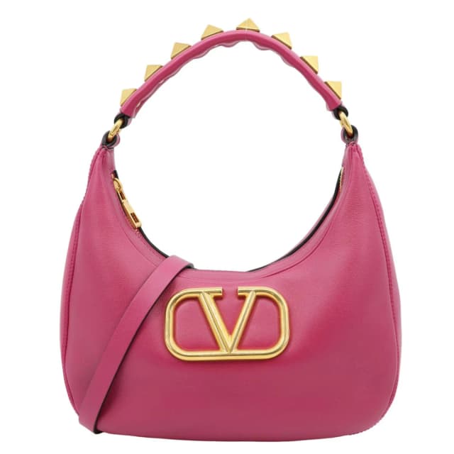 Valentino Garavani VLogo Stud Leather Hobo Bag Rose Pink in Pink Leather from Dallas Designer Handbags, photo 1 of 1