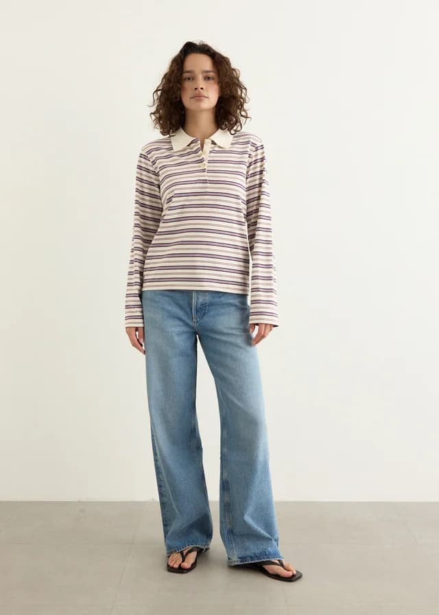Incu Collection Virtue Long Sleeve Polo in PURPLE/OFF WHITE STRIPE, image 1 of 1 from Incu