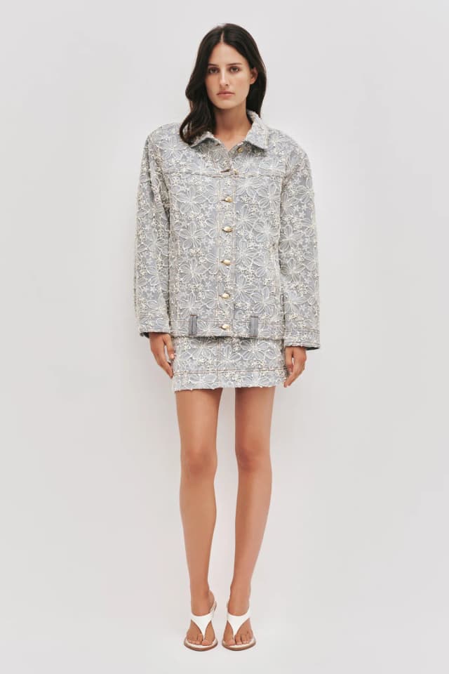 AJE Bloom Lace Denim Jacket in MUM WASH, image 1 of 1 from Aje