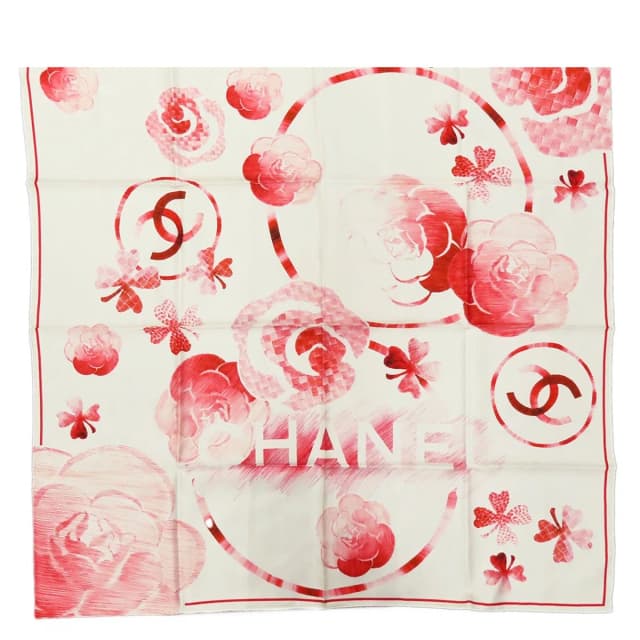 Chanel Camellia Scarf White Red Silk in White Silk from The Reluxe, photo 1 of 1