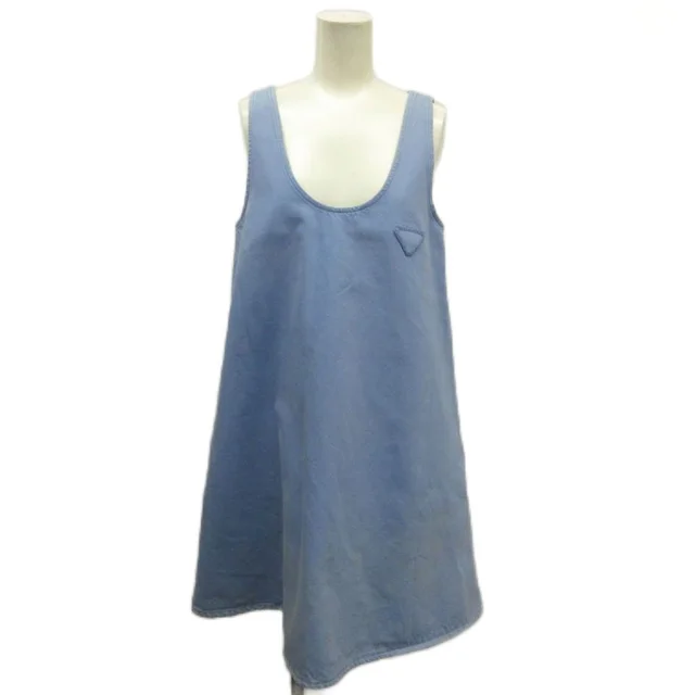 Prada A-Line Denim Mini Dress Sleeveless Tunic Knee-Length Triangle Logo Motif in Denim from The Reluxe, photo 1 of 1
