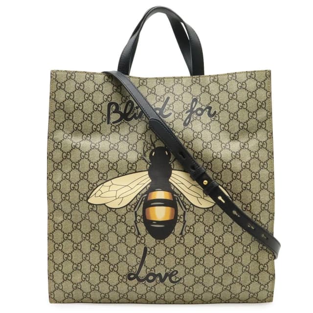 Gucci GG Supreme Bee Print Tote 2-Way Shoulder Bag Leather Khaki Beige Black in Black Leather from The Reluxe, photo 1 of 1
