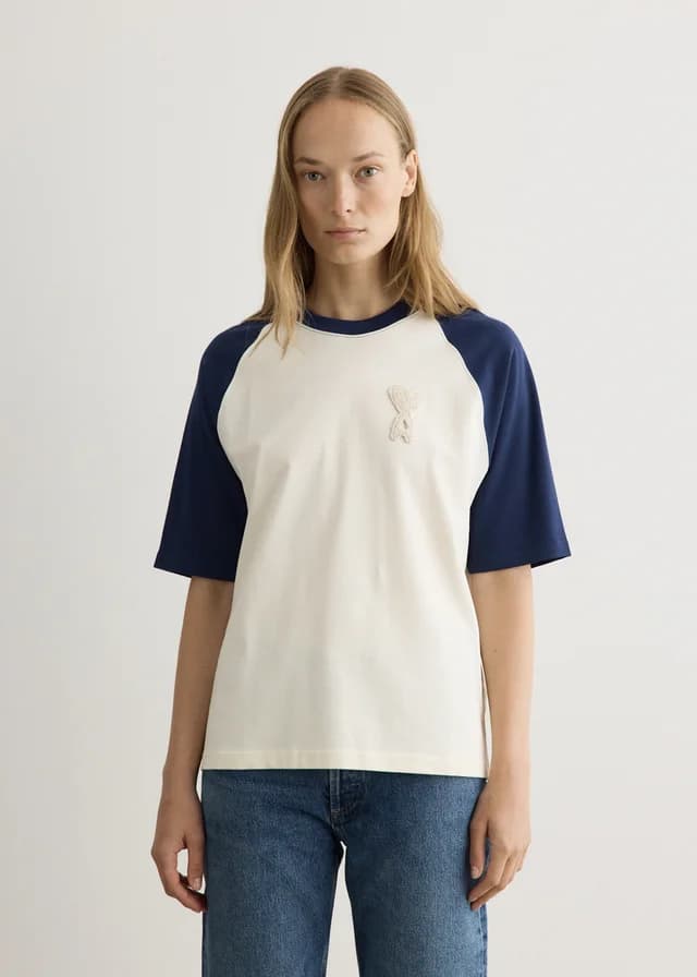 AMI PARIS ADC Knitted Patch T-Shirt in BLANC CREME/ENCRE, image 1 of 1 from Incu