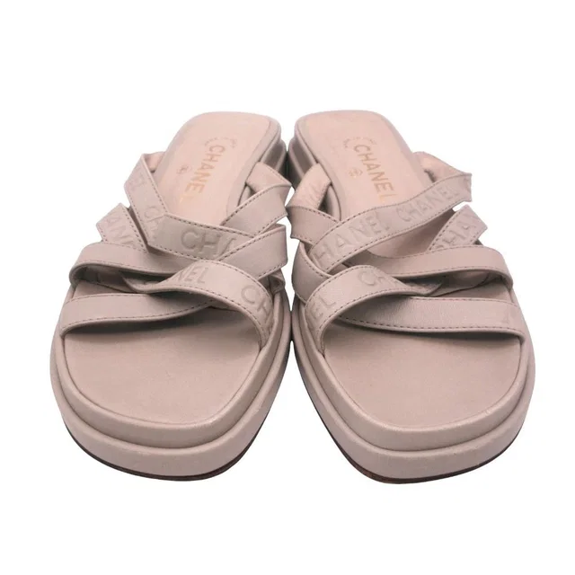 Chanel Sandals Leather Logo Cross Belt Strap Shoes Gray Green in Green Leather from The Reluxe, photo 1 of 1