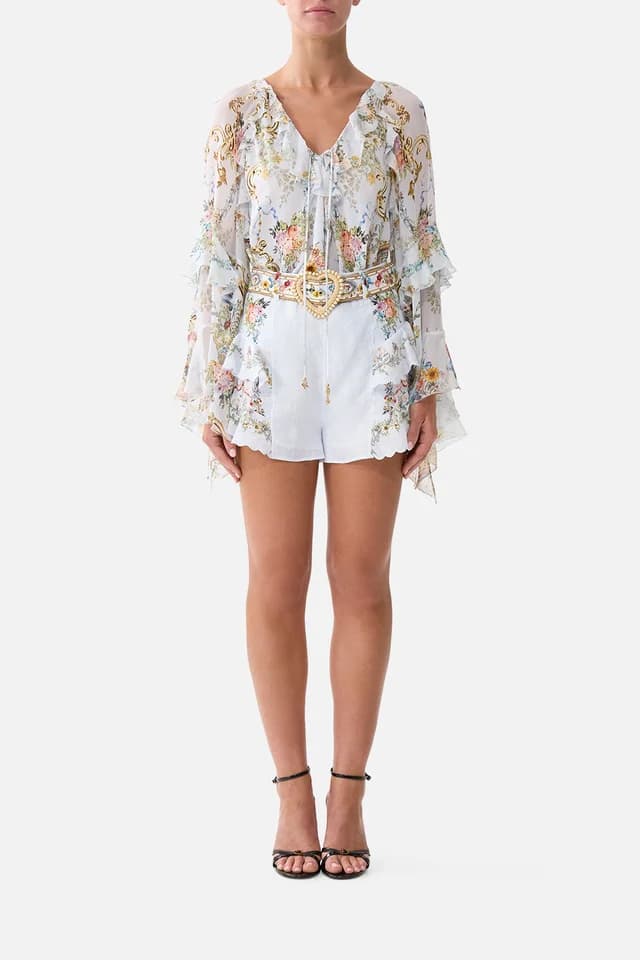 Camilla eBoutique LACE UP V NECK BLOUSE WITH CASCADE RUFFLES SEVILLE SWEETHEART, image 1 of 1 from CAMILLA