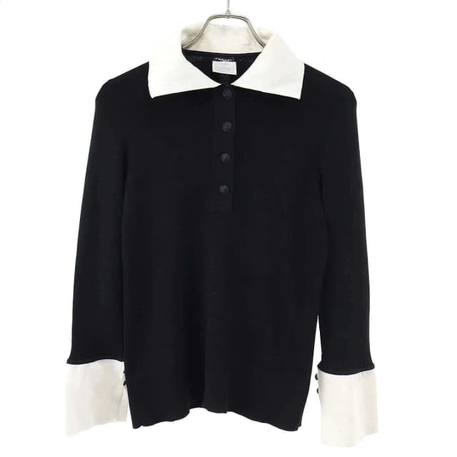Chanel Long Sleeve Ribbon Knit Polo Shirt Black White 42 in Black Nylon from The Reluxe, photo 1 of 1