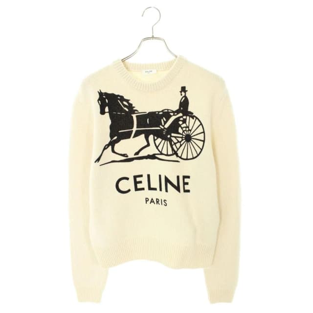 Celine Logo Embroidery Crew Neck Cashmere Knit Sweater White Black in Black Cashmere from The Reluxe, photo 1 of 1