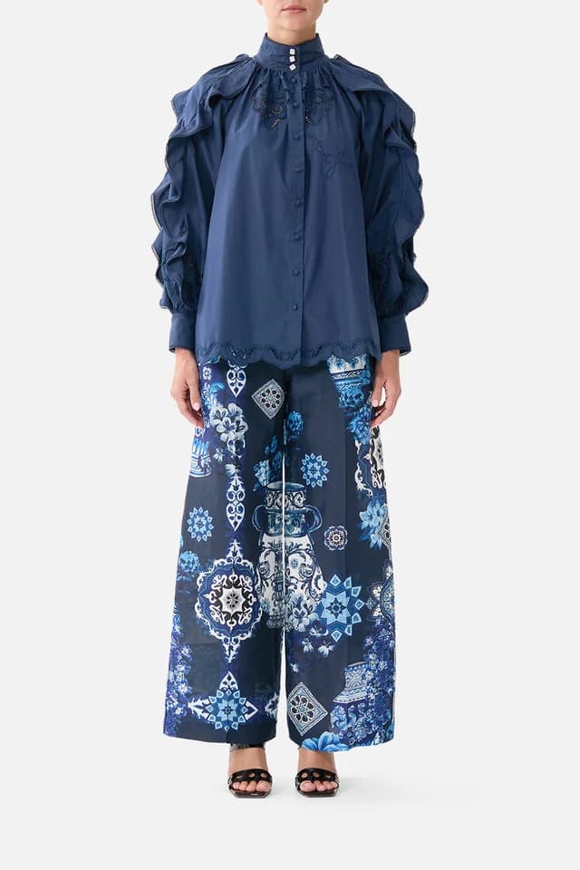 Camilla eBoutique RELAXED BLOUSE WITH FRILL SLEEVE DETAIL - NAVY A TILED WONDERLAND, image 1 of 1 from CAMILLA