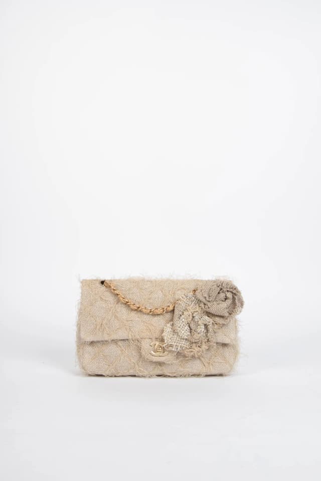 2009 Chanel Linen Camellia Medium Single Flap Shoulder Bag in Canvas from Break Archive, photo 1 of 1