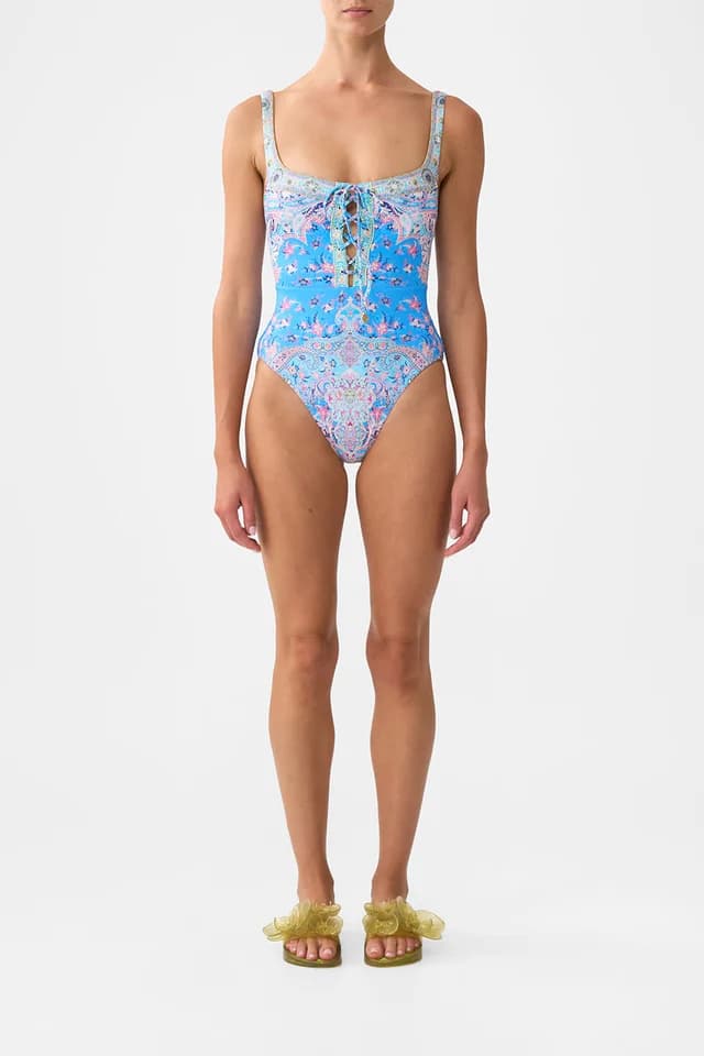 Camilla eBoutique LACE UP UNDERWIRE SQUARE NECK ONE PIECE FOOTSTEPS IN FOLKLORE, image 1 of 1 from CAMILLA