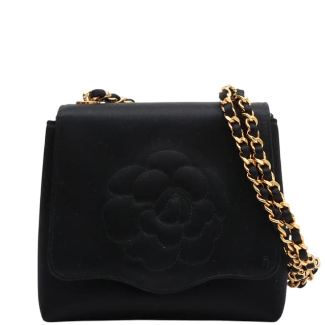Chanel Around 1997 silk satin camellia stitch chain shoulder bag, black from VINTAGE QOO TOKYO, photo 1 of 1