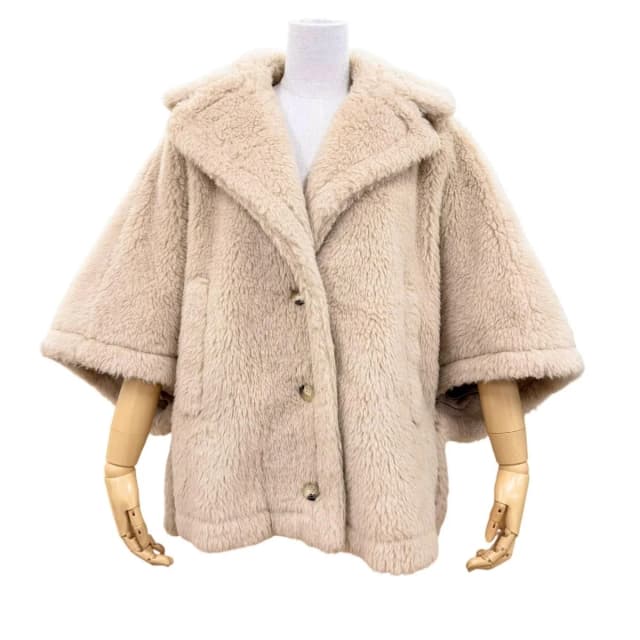 Max Mara Teddy Bear Alpaca Silk Blend Cape Poncho Coat Beige in Beige Silk from The Reluxe, photo 1 of 1