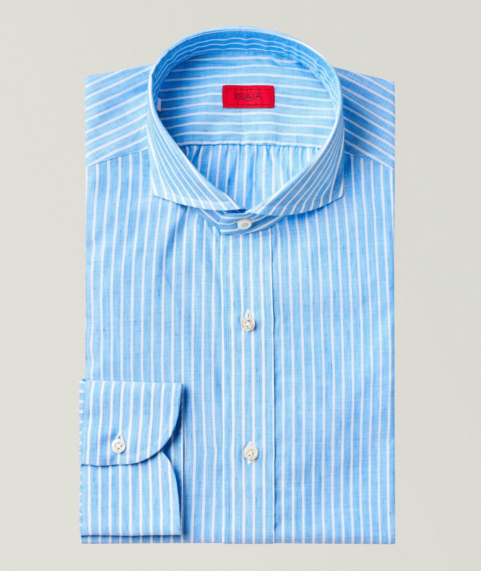 Isaia Striped Cotton-Linen Dress Shirt in Blue Linen, image 1 of 1 from Harry Rosen