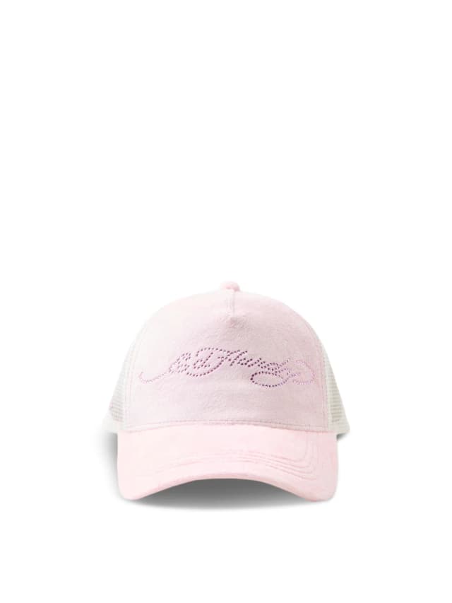 Ed Hardy Diamante Velour 5 Panel Trucker Cap Pink in Baby Pink, image 1 of 1 from Fenwick
